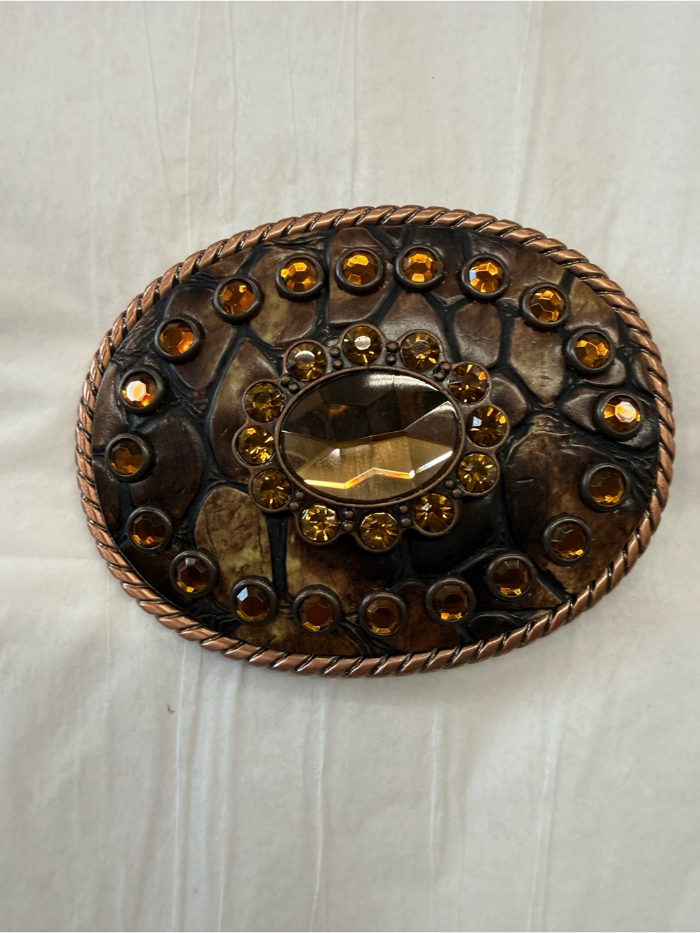 Nocona Western Belt Buckle Amber Rhinestone Croc Embossed Copper Tone Oversized